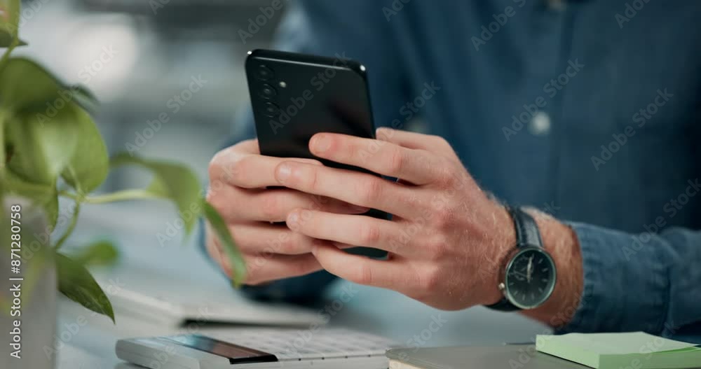 Poster Businessman, hands and typing on cellphone at desk for research and networking in office. Online, chat and notification for mobile app with employee in workplace for internet and website