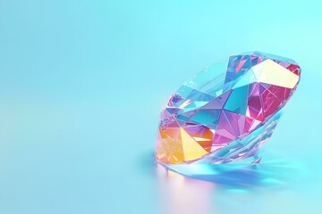 diamond with a holographic glow flying on a pastel background. A digital illustration of a sparkling gemstone in motion. Background for jewelry, beauty and luxury products design.