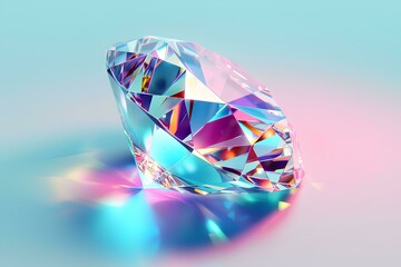 diamond with a holographic glow flying on a pastel background. A digital illustration of a sparkling gemstone in motion. Background for jewelry, beauty and luxury products design.