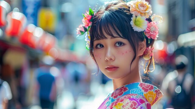 beautiful Japanese woman dressed in traditional Japan clothes with blur background