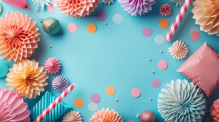 Colorful festive decorations with paper flowers, confetti, and gifts on a blue background. Perfect for celebrations and party themes.