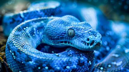 Fototapeta premium Mesmerizing Blue Python Coiled in Tropical Jungle Background Close up detailed shot of the venomous reptile s striking scales eyes and body against a blurred natural environment