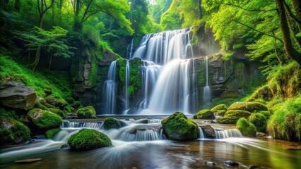 Beautiful waterfall cascading down rocks in the lush green forest , waterfall, forest, nature, landscape, scenic, tranquil, flow