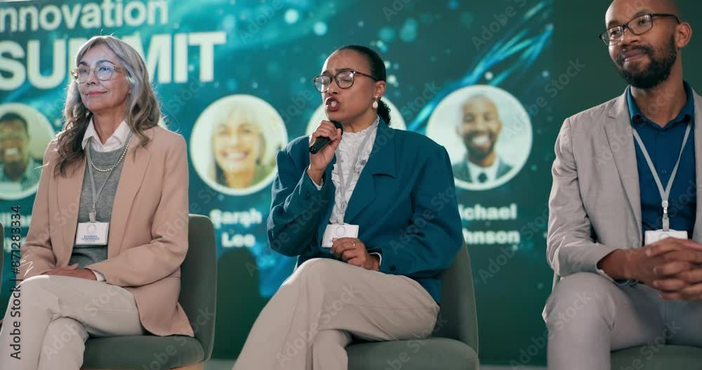 Poster people, microphone and diversity for business summit as presenter, guest or event host in panel disc