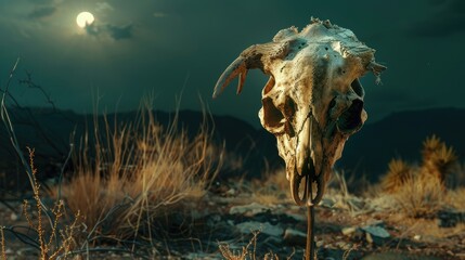 Skull of a wild animal mounted on a stick in the desert with space for writing set against a dark magical theme representing tribal voodoo magic