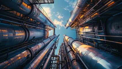 Industrial Pipes and Steel Construction Against Blue Sky