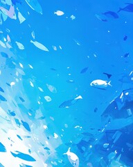 Obraz premium A vibrant underwater scene featuring a school of fish swimming in a clear blue ocean. The sunlight shines through the water, creating a shimmering effect.