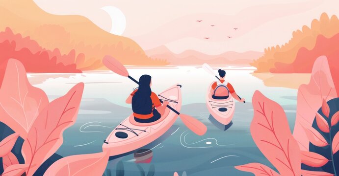 Kayaking adventure among pink leaves and trees along the river