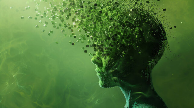 Abstract rendering of a human head disintegrating into pixels, symbolizing digital overload or transformation.