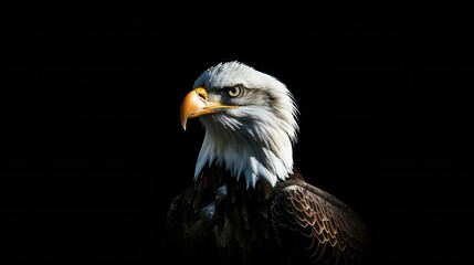 Fototapeta premium A stunning portrait of a bald eagle with a dark background highlighting its focus and strength.