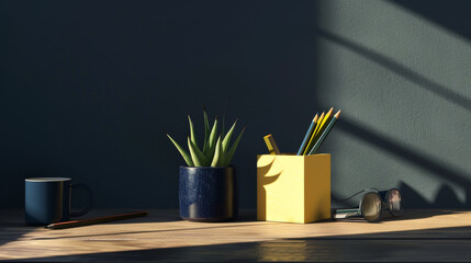 A creative workspace with a yellow pencil holder, potted plant, and a mug on a wooden desk, casting dramatic shadows from the window.