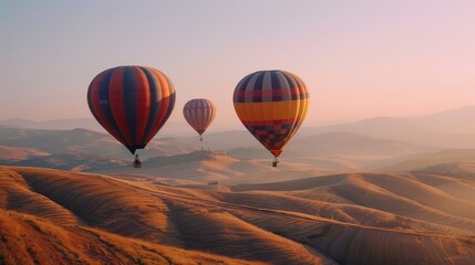 Naklejka premium Discover the whimsical charm of hot air balloons floating over rolling hills