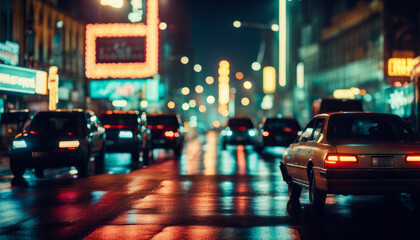 Fototapeta premium A bustling city street at night, illuminated by neon signs, streetlights, and car headlights. The urban scene offers a dynamic canvas for text.