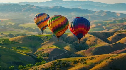 Fototapeta premium Discover the whimsical charm of hot air balloons floating over rolling hills