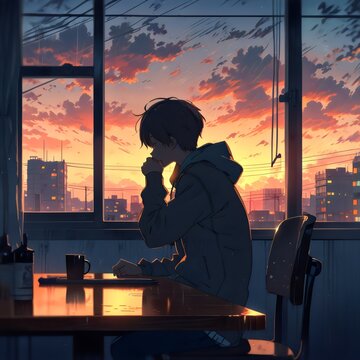 Studying at desk with atmospheric K wallpaper: Chill anime lofi boy. Concept Studying, Desk Setup, Chill Music, Anime, Lofi Music