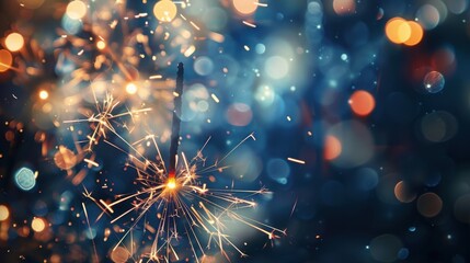 Obraz premium A close-up of a lit sparkler against a blurred blue and orange bokeh background, evoking a festive atmosphere.