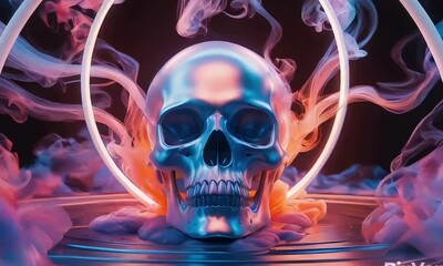 a metallic skull surrounded by vibrant, colored smoke and illuminated by glowing rings. The scene has a futuristic and mystical atmosphere, enhanced by the dramatic lighting and vivid colors - Powered by Adobe