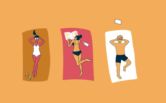 Three people sunbathing on a beach