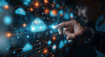 Businessman Touching Virtual Screen with Cloud Technology Icons and Security Data Connection