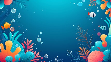 Colorful underwater coral reef illustration with various fish, plants, and bubbles in the deep blue sea, perfect for ocean-themed designs.