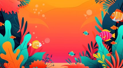 Colorful underwater scene with vibrant fish and coral against a sunset background, creating a tropical aquatic paradise.