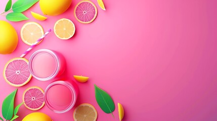 Fototapeta premium Lemonade pink minimalist background with space above for text flat design top view summery theme 3D render colored pastel