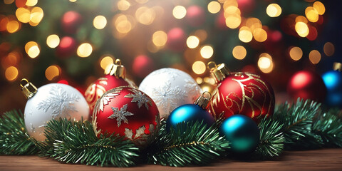 Fototapeta premium Christmas illustration with Christmas tree branches, red, white and blue balls and other decorations.