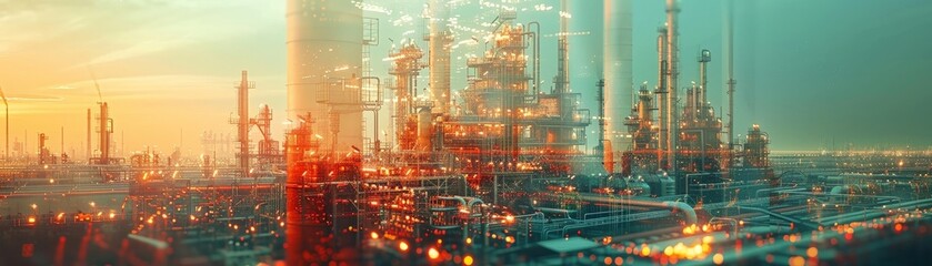 Fototapeta premium Futuristic Dual Exposure Artwork of Oil, Gas, and Petrochemical Refinery Factory Symbolizing the Evolution of Energy Production and Industry