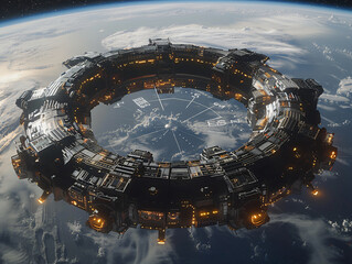 a futuristic city with towering buildings and a central hub with a blue star-shaped emblem, set against the backdrop of a planet with rings and moons.