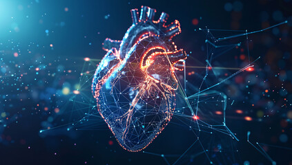 Abstract digital human heart with glowing connections and data points on dark blue background
