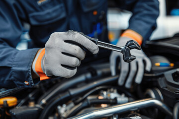 Mechanic with Wrench Repairing Car Engine in Garage Workshop Service Center