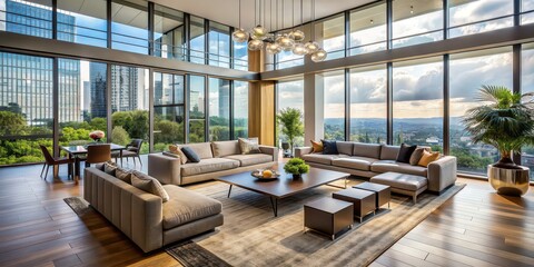 Expansive modern living room with floor-to-ceiling windows and contemporary furnishings, spacious