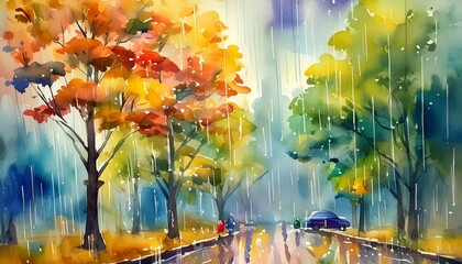 Watercolor illustration of rain fall