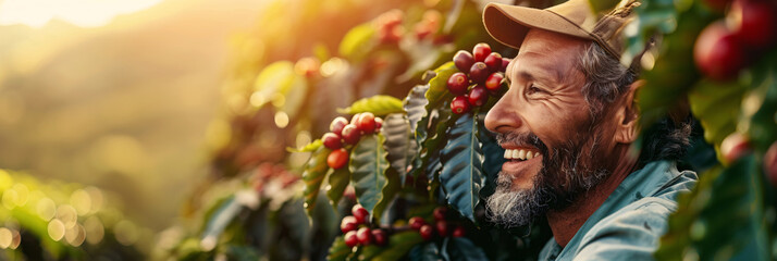 Smiling coffee farmer with Arabica bean trees in vibrant field