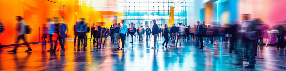 dynamic blurred motion of business people at modern conference hall with colorful glass panels in background