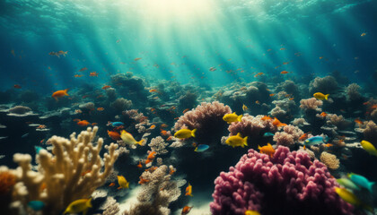 Fototapeta premium Aerial view of a vibrant coral reef teeming with colorful fish and marine life, sunlight filtering through the crystal-clear water.