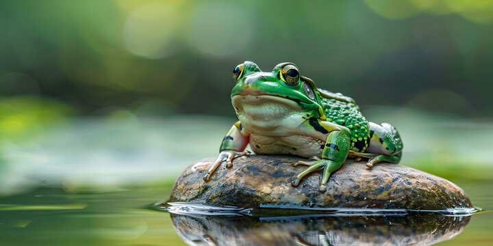 A frog striking a funny pose on a lily pad