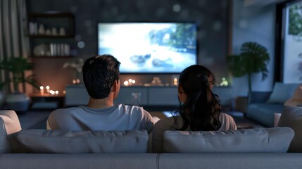 A family sitting on sofa in living room and watching television, back view angle. Generative AI