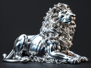 a stylized, shiny, silver lion statue. It appears to be made of metal