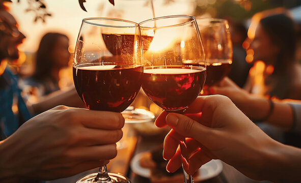Friends toasting with red wine glasses at sunset on terrace outdoor restaurant hands wine nature summer evening party farm house vineyard countryside