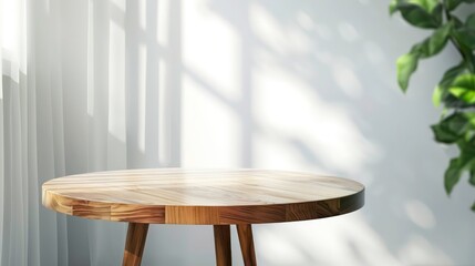A round wooden table with a smooth top placed on a clean white surface. Generative AI