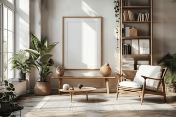 Modern Scandinavian Living Room with Wooden Shelf, Armchair, Coffee Table and Poster Frame