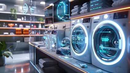 Modern laundry room with advanced washing machines and futuristic design, highlighting technology and efficiency in home appliances.