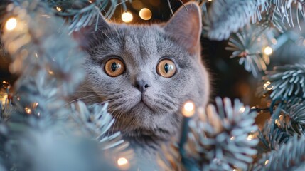 Cute British cat peeks through round Christmas decorations Celebrating New Year and Christmas