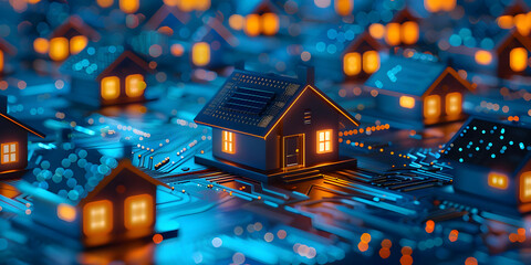 Obraz premium Smart homes concept with miniature houses illuminated on a circuit board, emphasizing modern technology and digital connectivity.