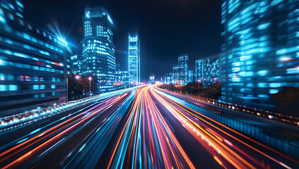 Vibrant motion blur of city lights and traffic at night. Stunning urban nightscape with glowing skyscrapers and dynamic street views.
