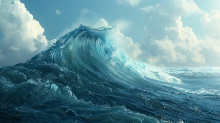 Fototapeta premium An awe inspiring side view illustration captures a colossal blue ocean wave symbolizing the thrill of surfing in this magnificent seascape panorama that stretches into the vast open depths