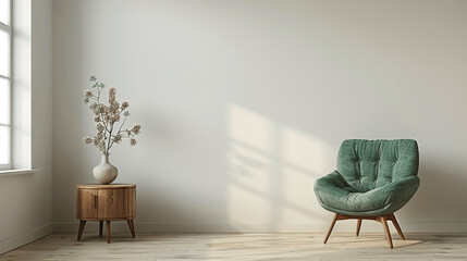 Minimalist Living Room with Green Armchair and Wooden Side Table on White Wall - 3D Rendering