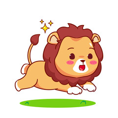 Cute Lion Jumping Cartoon Character. Adorable and Kawaii Animal Icon Mascot Concept Design. Logo Vector Illustration. Isolated White Background.