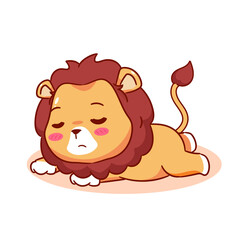 Cute Lion Sleeping Cartoon Character. Adorable and Kawaii Animal Icon Mascot Concept Design. Logo Vector Illustration. Isolated White Background.